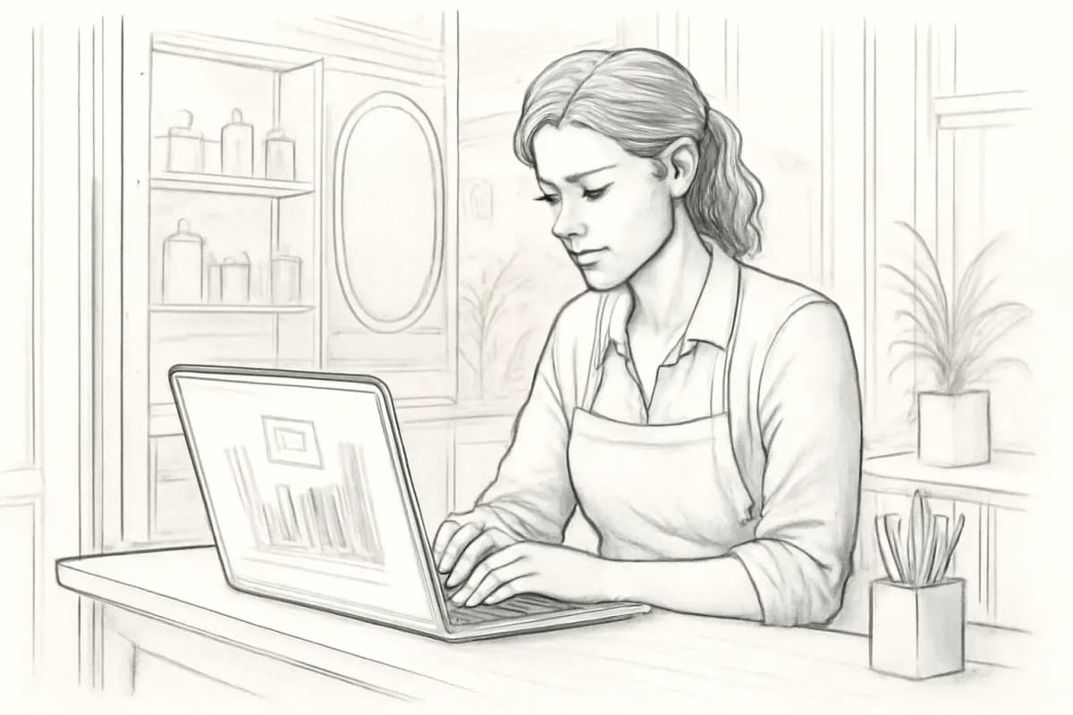 Propriétaire de salon examinant les résultats de la campagne email sur un ordinateur portable à la réception