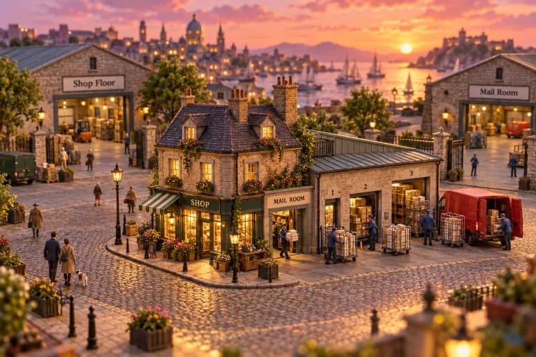A tiny corner storefront sits at the center of a cobbled square, with a small post room built directly onto its side wall — no separate address, just a shared doorway where clerks