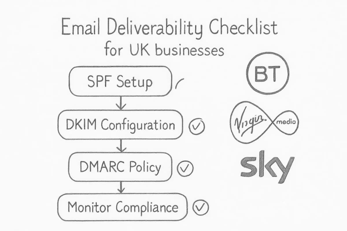 Email deliverability checklist diagram for UK businesses showing four key authentication setup steps in a vertical flow. Each step should be a rounded box containing the authentication method name. The diagram should include visual indicators (checkmarks or status badges) next to each item. Include UK-specific ISP logos or references (BT, Virgin Media, Sky) positioned around the checklist to emphasize the UK market context. The overall visual should feel like a practical setup guide with clear progression from top to bottom, using professional blue and green color scheme to convey security and trust.