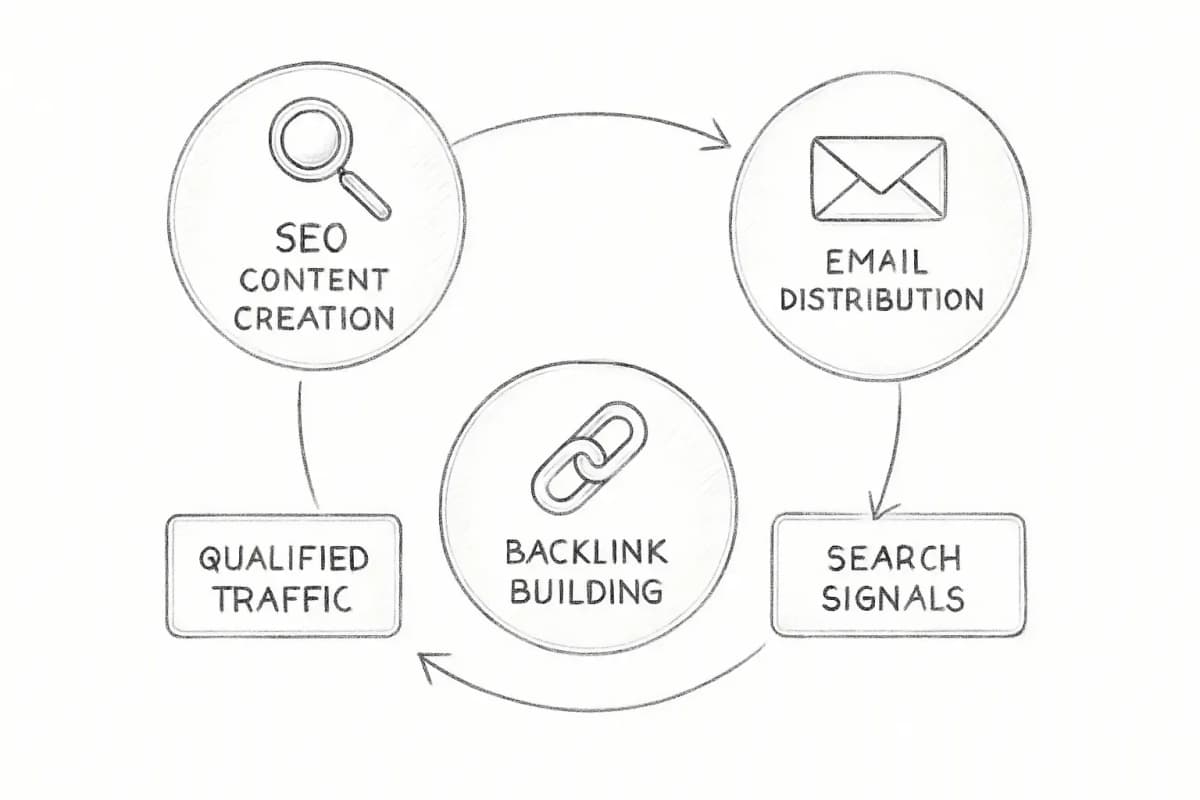 Diagramme de flux de travail d'intégration d'email marketing et SEO montrant trois noeuds circulaires connectés. Le noeud de gauche représente la création de contenu SEO avec recherche de mots-clés et optimisation. Le noeud central montre la distribution d'email à la liste d'abonnés. Le noeud de droite affiche la création de backlinks et les signaux d'autorité de marque. Les flèches circulent dans le sens des aiguilles d'une montre entre les noeuds montrant comment l'email génère du trafic vers le contenu, le trafic génère des backlinks et des recherches de marque, qui améliorent les classements de recherche, qui créent plus d'opportunités SEO pour la promotion par email. Incluez des icônes ou des indicateurs visuels pour chaque élément (loupe pour le SEO, enveloppe pour l'email, chaîne de liens pour les backlinks). La palette de couleurs utilise les bleus et les verts pour représenter le cycle d'amplification.