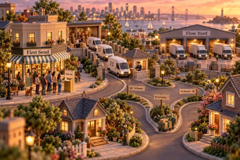 A tiny corner storefront with a striped awning anchors the block, its open door feeding a queue of shoppers who pause at a small sign-up kiosk on the sidewalk to drop cards into a