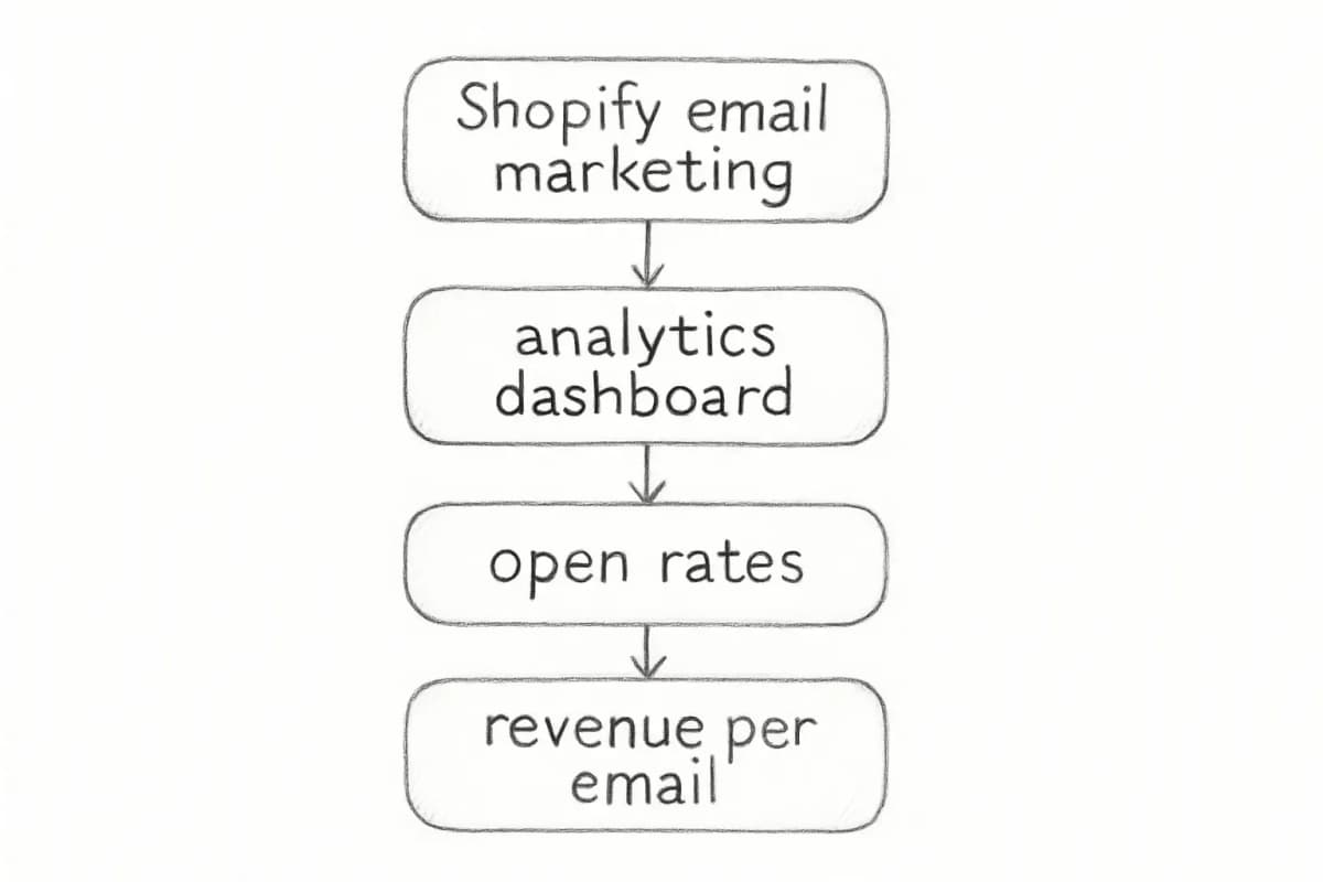 Tableau de bord d'analytiques email marketing Shopify montrant les taux d'ouverture, CTR et revenus par email