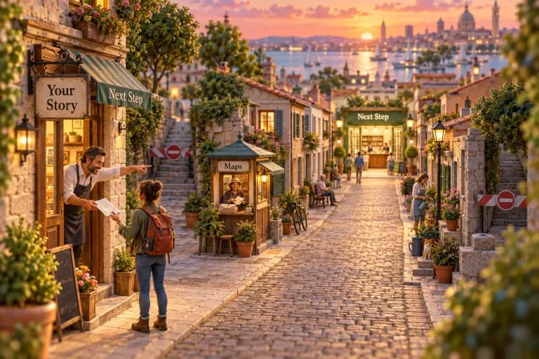 A single traveler with a small pack stands at the mouth of a straight main street, while a guide in a shopkeeper's apron leans from a doorway to hand her a folded paper map and poi