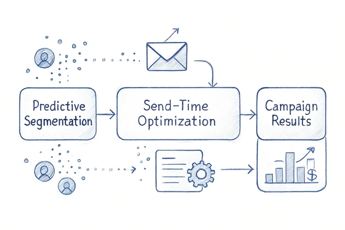 Diagramme de flux de marketing email IA montrant quatre étapes connectées: (1) boîte de Segmentation Prédictive à gauche recevant les données des abonnés, (2) boîte d'Optimisation du Moment d'Envoi au centre montrant les décisions de timing du email, (3) boîte de Contenu Personnalisé montrant la génération de contenu dynamique, et (4) boîte de Résultats de Campagne à droite montrant les métriques et le ROI. Les flèches fluent de gauche à droite connectant chaque étape. Incluez des indicateurs visuels de données circulant dans le système, tels que de petits points de données ou des icônes représentant les abonnés. Utilisez un schéma de couleurs technologique professionnel avec des bleus et des violets. Le diagramme devrait transmettre l'automatisation et l'optimisation du machine learning à chaque étape.
