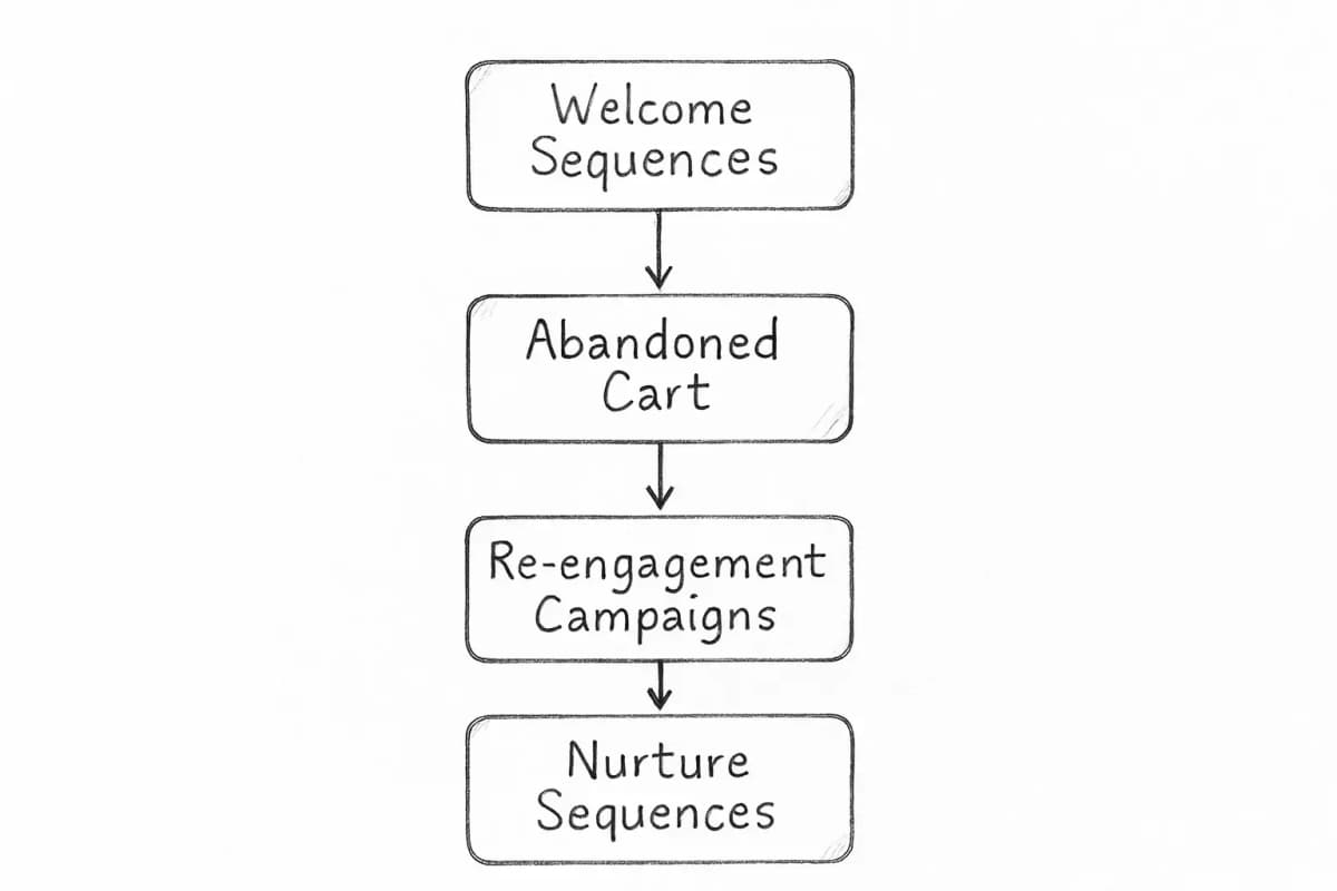 Graphique à barres comparatif ou visualisation en colonnes groupées montrant les métriques de performance des campagnes email marketing sur quatre types de campagnes: séquences de bienvenue, campagnes d'abandon de panier, campagnes de réengagement, et séquences de nurture. Chaque type de campagne doit afficher les indicateurs clés de performance tels que le taux d'ouverture, le taux de clics, et le taux de conversion côte à côte pour une comparaison facile. Utilisez un code couleur pour distinguer les types de campagnes. Incluez les valeurs en pourcentage sur les barres pour montrer les différences de performance relative.