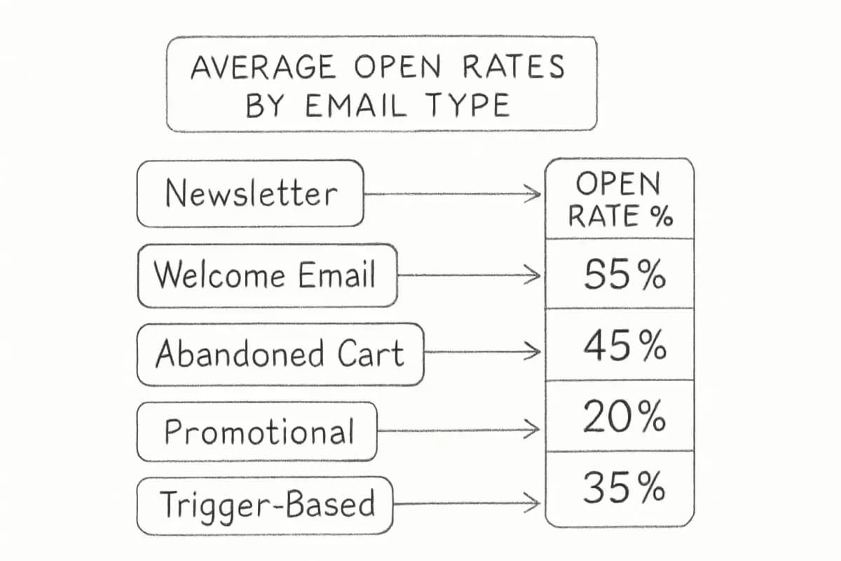 Un graphique en barres horizontales ou un visuel comparatif montrant différents types d'email marketing (newsletter, email de bienvenue, panier abandonné, promotionnel, basé sur le trigger) avec leurs taux d'ouverture moyens affichés côte à côte. Chaque type d'email doit être clairement étiqueté avec son pourcentage de taux d'ouverture. Le graphique doit utiliser une palette de couleurs professionnelle avec des couleurs distinctes pour chaque type d'email pour faciliter les comparaisons. Incluez un titre en haut indiquant qu'il s'agit des taux d'ouverture moyens par type d'email.