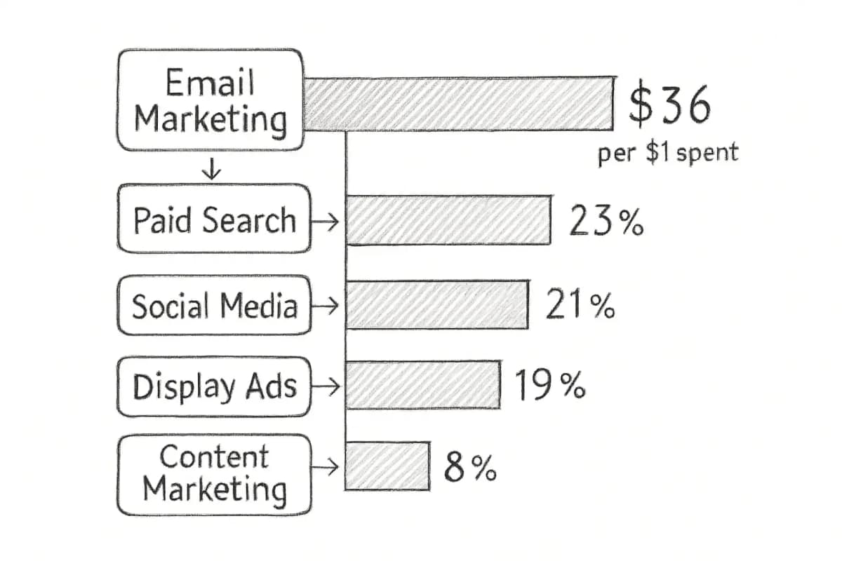 Graphique en barres horizontales comparant le ROI de l'email marketing par rapport aux autres canaux numériques. Affichez l'email avec la plus haute barre atteignant 36 euros pour 1 euro dépensé, puis affichez les canaux concurrents en dessous (réseaux sociaux, recherche payante, publicité display, marketing de contenu) avec des valeurs de ROI visiblement plus basses. Utilisez une palette de couleurs professionnelle et mettez en surbrillance l'email dans une couleur distincte. Incluez les symboles monétaires et les valeurs de pourcentage sur les barres pour plus de clarté. Le graphique doit visuellement démontrer pourquoi l'email marketing surpasse les autres canaux mentionnés dans le contexte de l'article sur la supériorité du ROI de l'email.