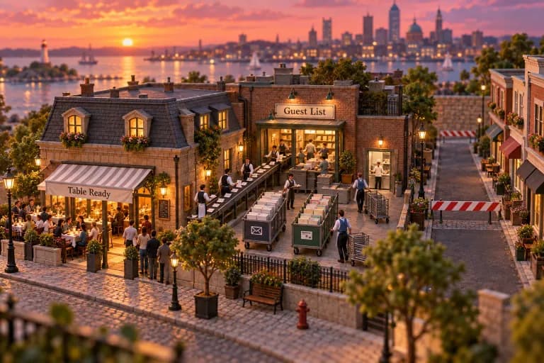 A tiny corner bistro anchors the block, its patio packed with diners whose little paper order slips ride a conveyor of waiters straight into a back-alley sorting house, where two l