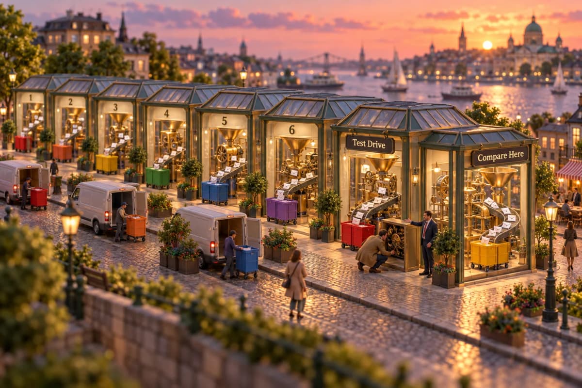 A short showroom boulevard where seven glass-fronted pavilions each house a different brass sorting machine, funnels and conveyor arms flicking tiny white envelopes into color-code