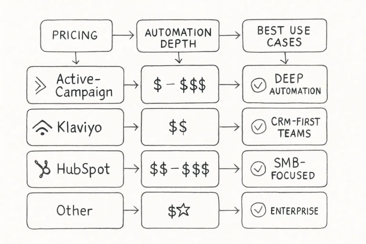 Comparison table showing top email automation platforms (ActiveCampaign, Klaviyo, HubSpot, and others) with three columns: pricing tiers, automation depth/capabilities, and best-fit use cases. Use a clean table format with platform logos on the left, pricing ranges in the middle column, automation feature descriptions in the center-right, and use case badges (ecommerce, CRM-first, SMB-focused, enterprise) on the right. Include visual indicators (checkmarks, stars) to show strength areas for each platform.