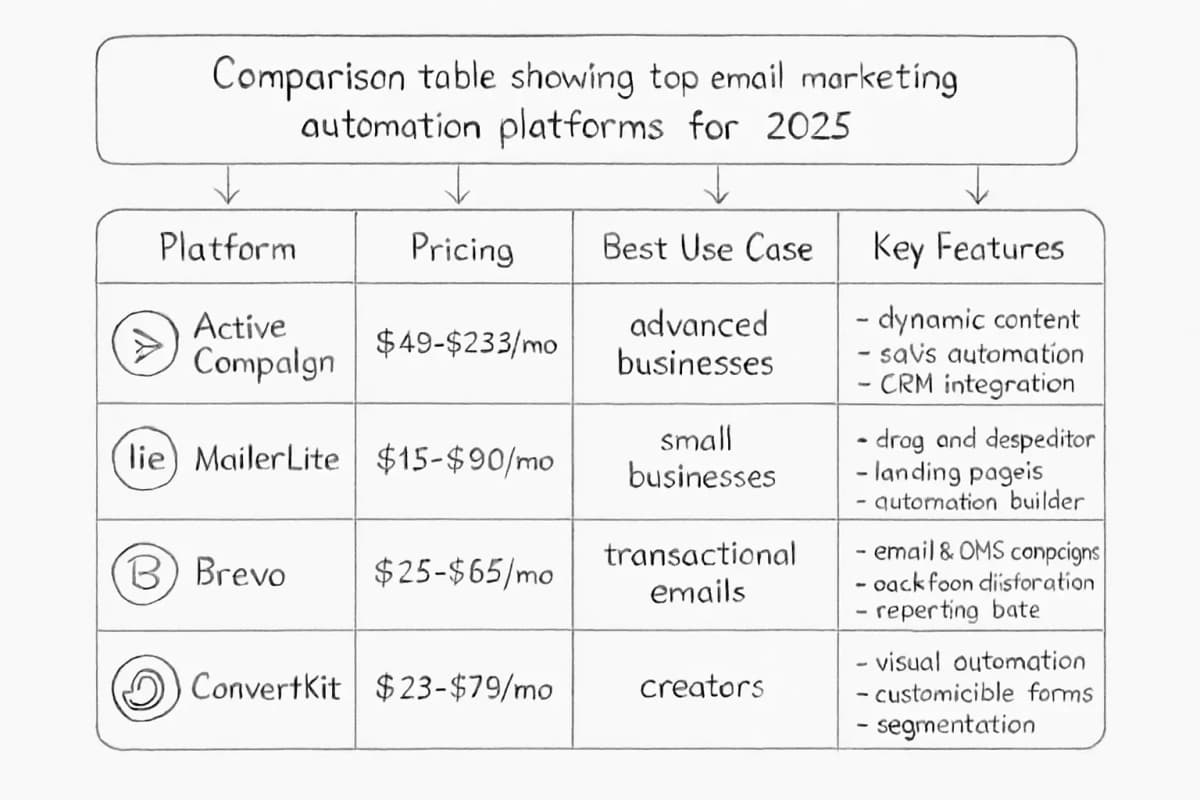 Comparison table showing top email marketing automation platforms for 2025. Create a structured table with 4-5 rows (one per platform) and columns for: Platform Name, Pricing (monthly cost range), Best Use Case, and Key Features (3-4 bullet points per platform). Include platforms like ActiveCampaign, MailerLite, and Brevo. Use a clean, modern design with alternating row colors for readability. Add subtle icons next to each platform name to represent their brand.