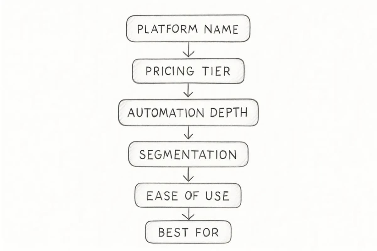 Graphique de comparaison affichant les meilleures plateformes d'automatisation email (ActiveCampaign, MailerLite, Brevo et autres) arrangées en lignes avec des colonnes montrant les niveaux tarifaires, les fonctionnalités clés comme la profondeur d'automatisation et les capacités de segmentation, et les niveaux de complexité utilisateur. Utilisez un format de tableau ou de grille propre avec code couleur pour distinguer la disponibilité des fonctionnalités sur les plateformes.