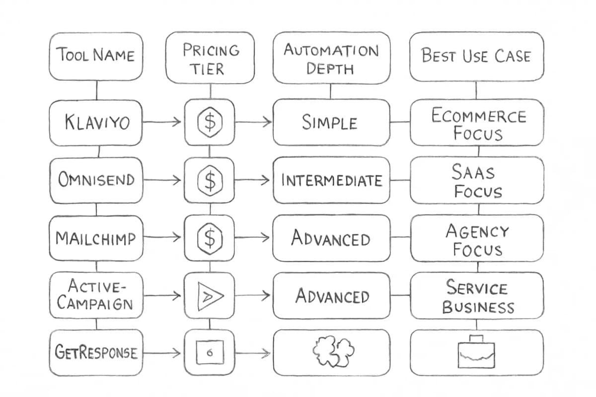 Un tableau comparatif présenté sous forme de matrice côte à côte montrant les outils d'automatisation email marketing (lignes: Klaviyo, Omnisend, Mailchimp, ActiveCampaign, GetResponse) avec des colonnes pour le niveau tarifaire, le niveau de profondeur de l'automatisation et la recommandation du cas d'utilisation principal. Incluez des indicateurs visuels tels que les badges tarifaires, les évaluations de complexité d'automatisation (simple à avancé) et les icônes de cas d'usage pour l'ecommerce, le SaaS, les agences et les entreprises de services. Utilisez une mise en page de grille propre avec des couleurs de lignes alternées pour la lisibilité.