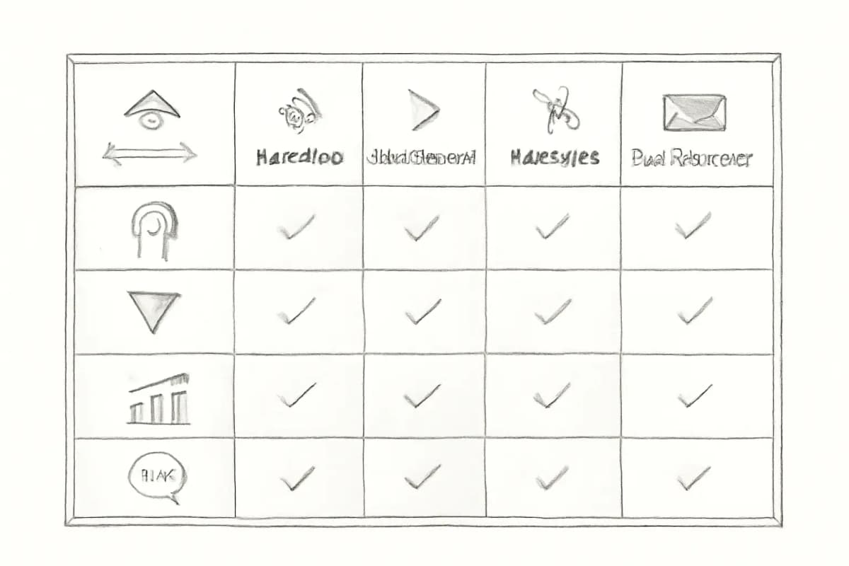 Un tableau de comparaison affichant les principales fonctionnalités IA de Klaviyo, ActiveCampaign, HubSpot, Brevo, GetResponse