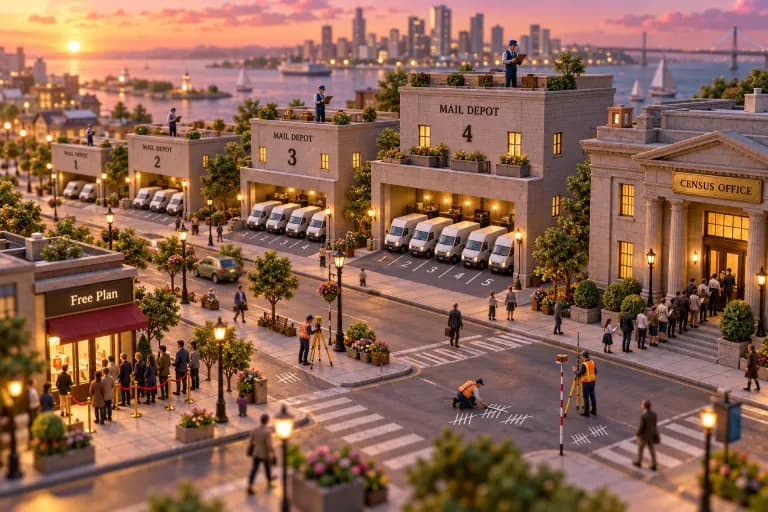 A miniature downtown where a broad avenue is lined with identical mail depots of different heights, each with a tiny attendant on the roof counting fleets of little delivery vans p