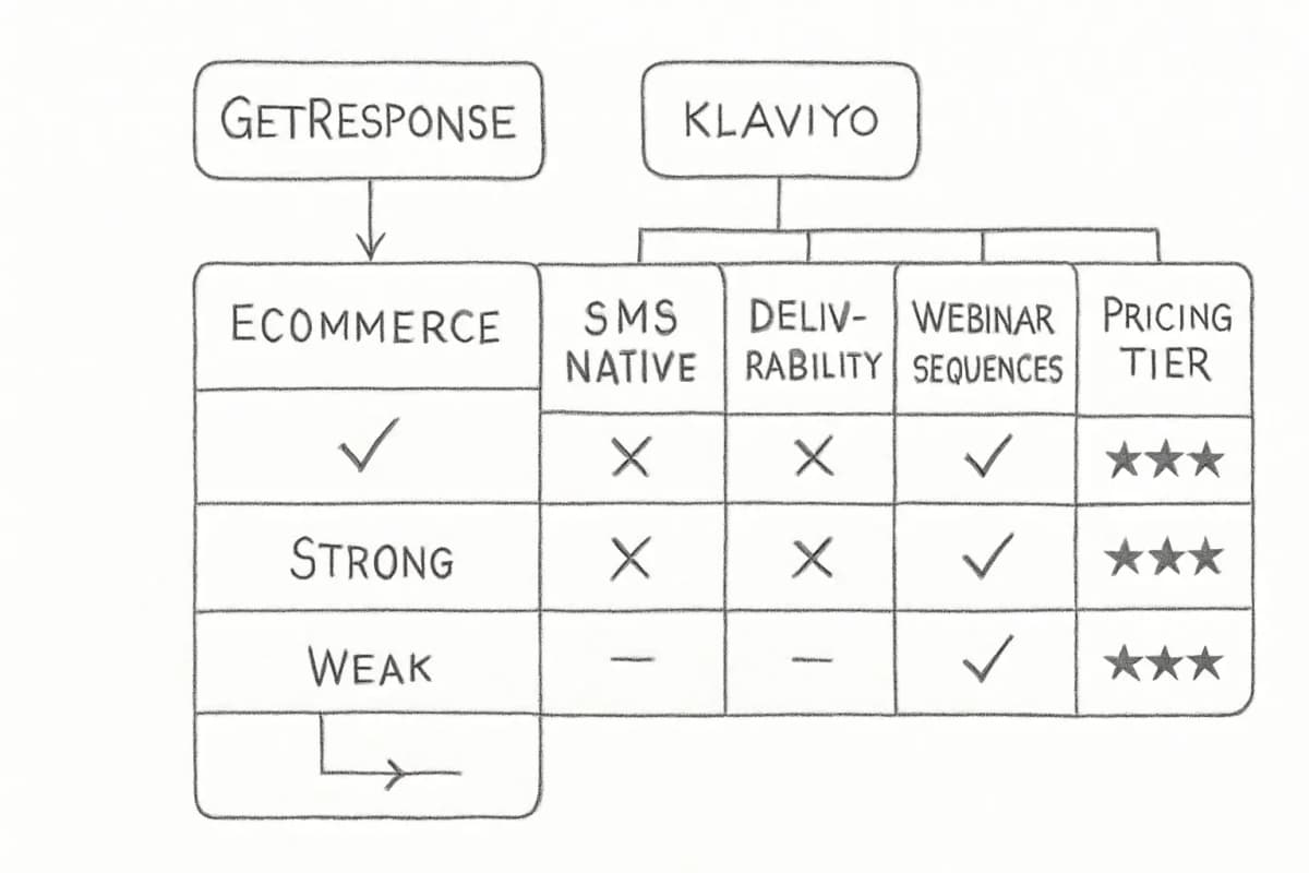 Comparison matrix showing top SMS and email marketing automation tools (GetResponse, Klaviyo, and others) evaluated across key use cases: ecommerce capabilities, SMS native integration, deliverability performance, webinar follow-up sequences, and pricing tier. Use a grid layout with tool names in rows and use cases in columns, with checkmarks, X marks, or star ratings to indicate strength in each category. Highlight Klaviyo's ecommerce strength and GetResponse's SMS capabilities while noting deliverability gaps.