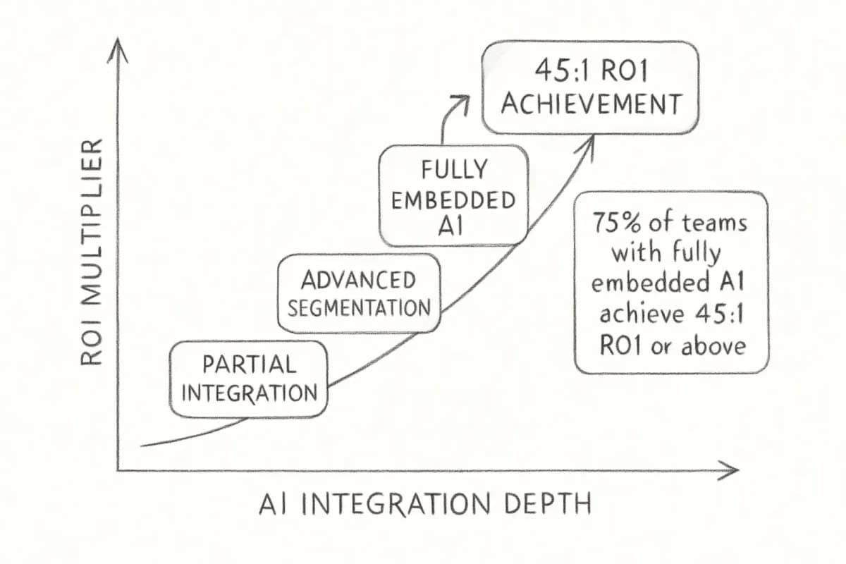 A chart or graph showing email ROI correlation with AI integration depth. The visualization should display a clear upward trend line or progression showing how deeper AI integration (from surface-level tool use to fully embedded in core workflows) directly correlates with higher ROI outcomes. Include specific data points: 75% of teams with fully embedded AI achieve 45:1 ROI or above, contrasted against teams using AI as surface-level tool with lower ROI. Use a gradient or color coding to show the progression from shallow to deep AI integration on the x-axis, and ROI multiplier on the y-axis.