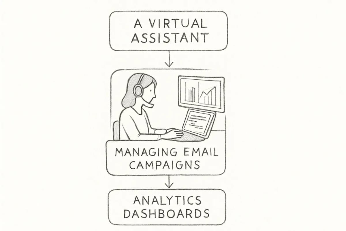 Un assistant virtuel gérant des campagnes email sur un ordinateur portable avec des tableaux de bord analytiques visibles sur un seco