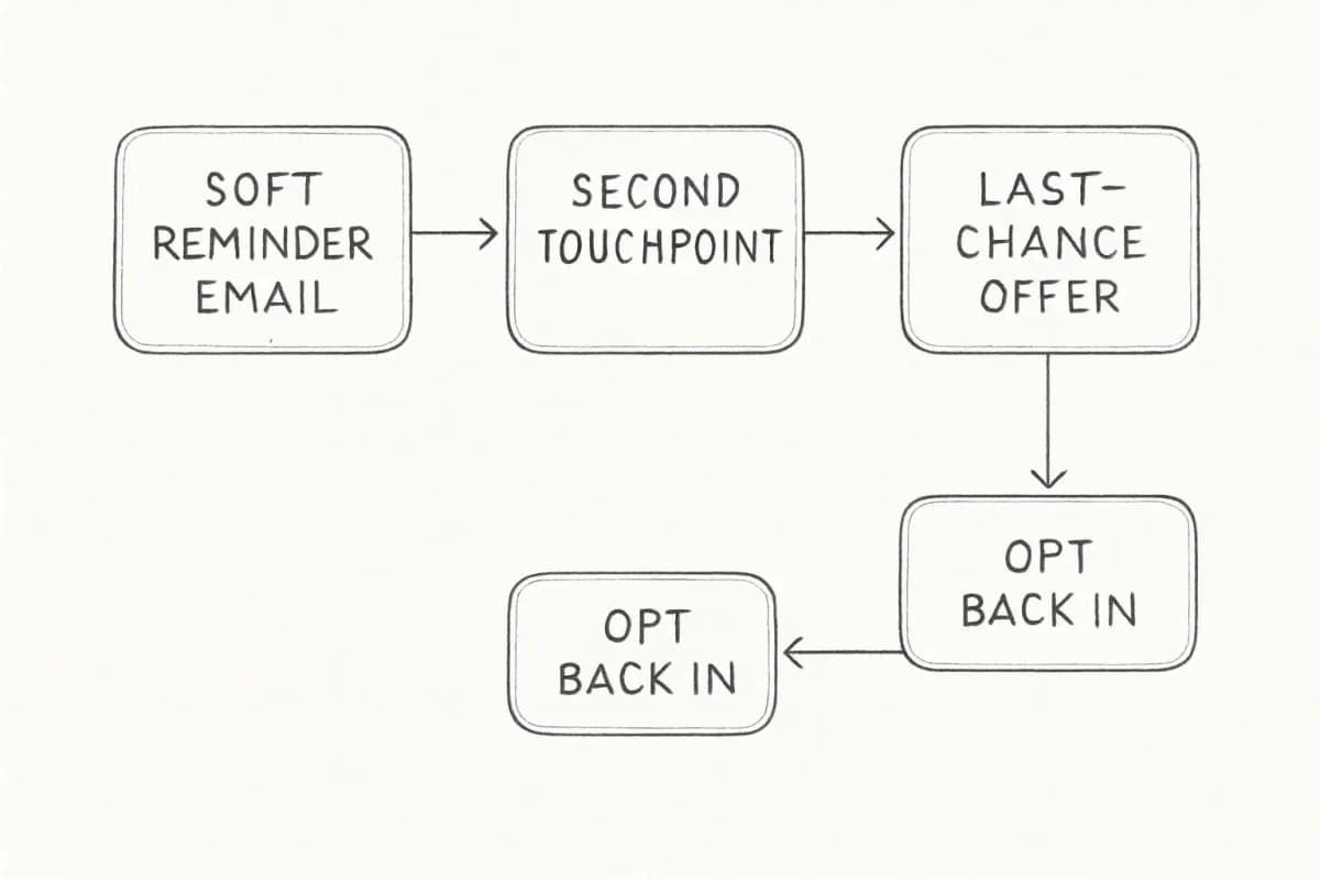 Diagramme de flux de séquence d'email de réengagement montrant un entonnoir de réengagement en 3 étapes. Étape 1 (Rappel Doux): Email initial de réengagement avec une ligne d'objet douce encourageant le réengagement. Étape 2 (Deuxième Point de Contact): Email de suivi avec incitation ou offre accrue pour inciter l'action. Étape 3 (Offre de Dernière Chance): Email final utilisant une messagerie d'aversion aux pertes avec une ligne d'objet comme "c'est le dernier email que vous verrez" et une incitation de réduction pour réactiver l'abonné. Les flèches s'écoulent de gauche à droite reliant chaque étape séquentiellement, l'étape finale montrant l'option de se réengager ou de se désabonner. Utilisez un schéma de couleurs propre et professionnel avec des couleurs contrastantes pour chaque étape.