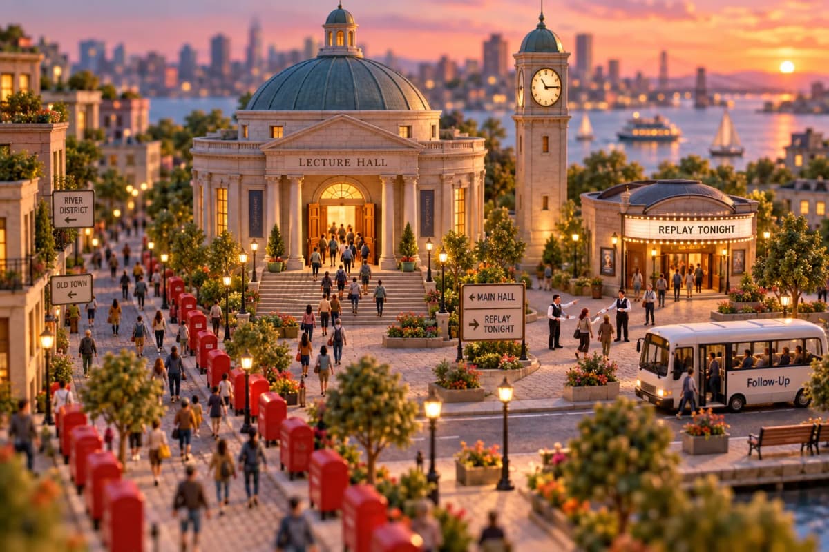 A tiny domed lecture hall sits at the end of a wide boulevard, its double doors open as a stream of miniature figures walks in from rows of red mailboxes lining the sidewalks; for