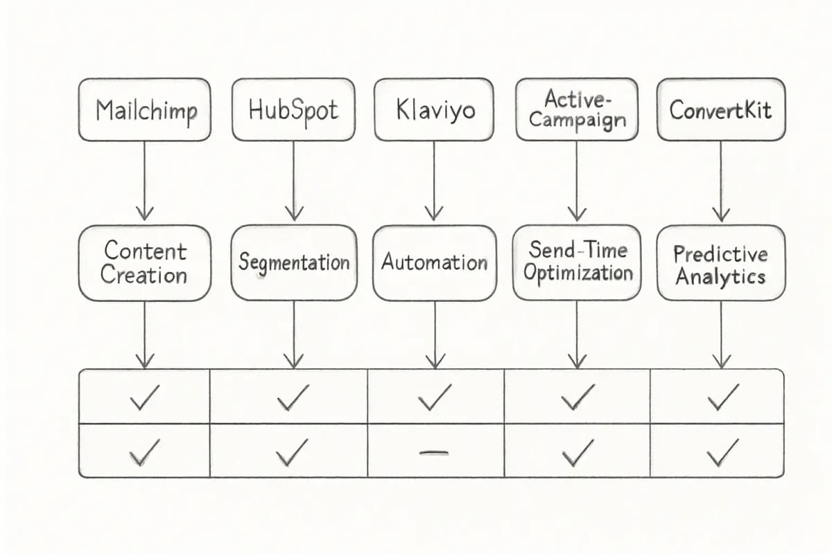 Comparison chart showing top AI email marketing platforms (Mailchimp, HubSpot, Klaviyo, ActiveCampaign, ConvertKit) organized by use case categories: content creation, segmentation, automation, send-time optimization, and predictive analytics. Each platform should have checkmarks or capability indicators across the relevant use case columns. Include a legend showing which features each platform excels at.