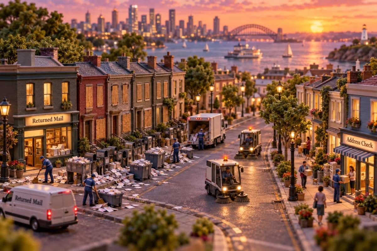 A narrow postal district where a row of tiny townhouses stands boarded up, their mailboxes unbolted and stacked on the curb beside heaps of undelivered envelopes.