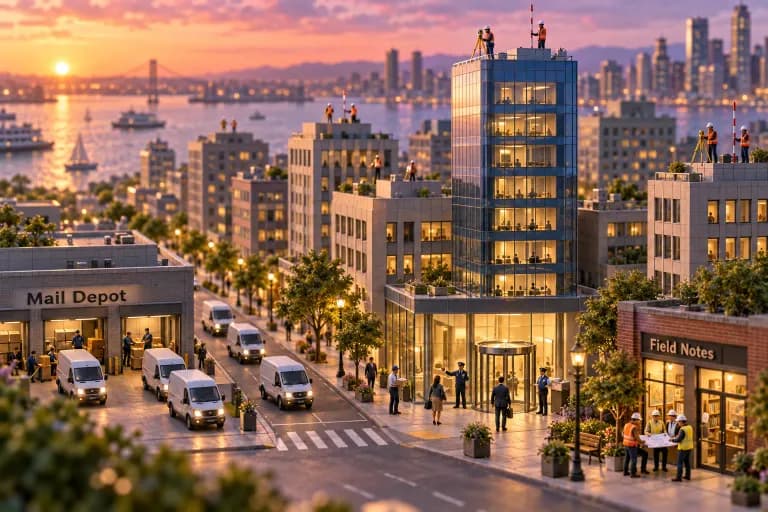 A miniature corporate district where office towers of different heights line one avenue, each rooftop flagged by a tiny surveyor crew with tripods and measuring poles, as if the sk