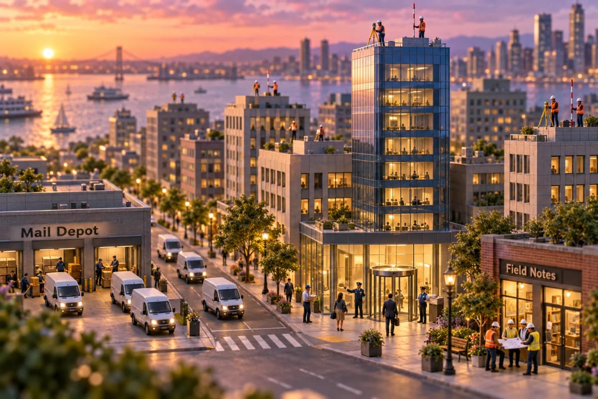A miniature corporate district where office towers of different heights line one avenue, each rooftop flagged by a tiny surveyor crew with tripods and measuring poles, as if the sk