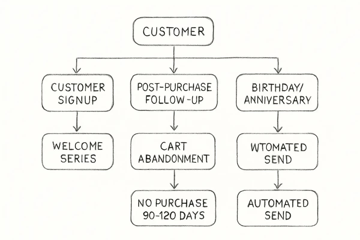 Diagramme de flux d'automatisation email pour les vignobles montrant quatre séquences d'automatisation parallèles. À partir d'un nœud central 'Client', le flux se divise en quatre chemins: (1) chemin Série de Bienvenue déclenché lors de l'inscription, (2) chemin Suivi Post-Achat déclenché après l'achat avec des emails 10-21 jours après la livraison, (3) chemin Abandon de Panier déclenché lors de l'abandon du panier, et (4) chemin Campagnes de Reconquête déclenché pour les clients sans achat depuis 90-120 jours. Les nœuds supplémentaires affichent les Emails d'Anniversaire/Date qui s'exécutent automatiquement pour tous les clients avec dates en dossier. Utilisez les couleurs appropriées à l'industrie vinicole (rouges profonds, or, verts). Afficher les flèches claires indiquant les points de déclenchement et le moment d'envoi des emails.
