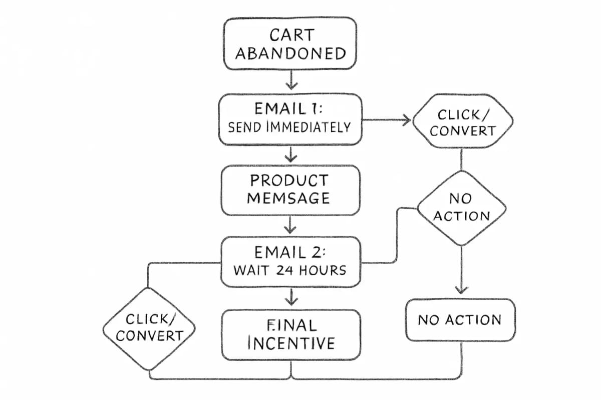Diagramme de flux d'automatisation d'email d'abandon de panier montrant une séquence de trois emails déclenchée par l'abandon de panier. Le premier email s'envoie immédiatement après l'abandon avec un rappel de produit. Le deuxième email s'envoie après 24 heures avec un message d'urgence. Le troisième email s'envoie après 72 heures avec une incitation ou une offre de remise finale. Chaque email inclut des points de décision montrant les résultats de clic et de conversion, avec des flèches montrant la progression entre les emails et la logique conditionnelle basée sur l'engagement des utilisateurs.