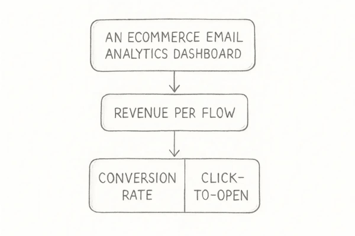 An ecommerce email analytics dashboard showing revenue per flow, conversion rate, and click-to-open