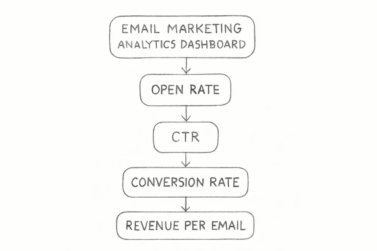 Email marketing analytics dashboard showing open rate, CTR, conversion rate, and revenue per email m