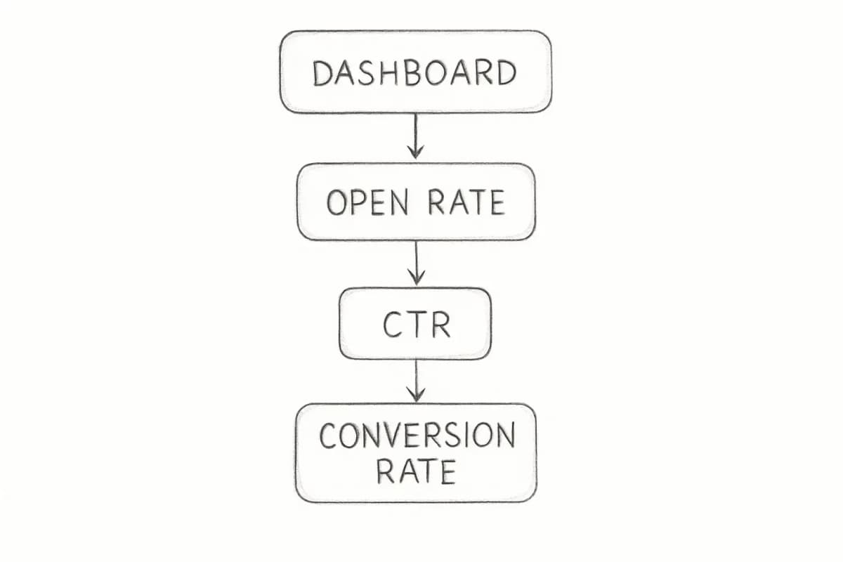 A dashboard showing email marketing KPIs including open rate, CTR, conversion rate, and unsubscribe