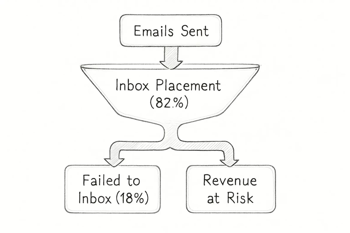 Email deliverability funnel visualization showing the flow of emails from sent to inbox placement versus spam placement. The funnel should display two diverging paths: the top path showing emails that reach the inbox (approximately 82% based on the 18% failure rate mentioned), and the bottom path showing emails that fail to reach the inbox or land in spam (approximately 18%). Include percentage labels on each section to illustrate the inbox placement rate versus the failure/spam placement rate. The visualization should use a clear color contrast (green for successful inbox delivery, red for failed/spam placement) to emphasize the revenue impact of deliverability issues.
