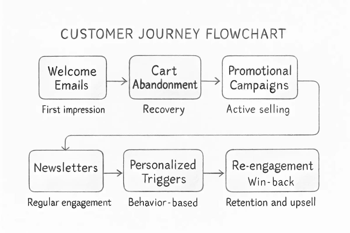 Customer journey flowchart showing seven email campaign types positioned along a horizontal timeline. Starting with 'Welcome' at the top left, the diagram flows through the customer lifecycle showing: Welcome Emails (initial engagement), Cart Abandonment (mid-funnel recovery), Promotional Campaigns (active selling), Newsletters (regular engagement), Personalized Trigger Emails (behavior-based), Re-engagement Campaigns (win-back), and Post-Purchase Emails (retention and upsell). Each campaign type should be shown as a distinct box or node connected by arrows moving left to right. Include brief descriptors under each type showing the campaign purpose (e.g., 'Welcome' should note 'First impression', 'Cart Abandonment' should note 'Recovery'). Use a clean, modern design with a color gradient from warm tones at acquisition through to cool tones at retention to visually represent the customer journey progression.