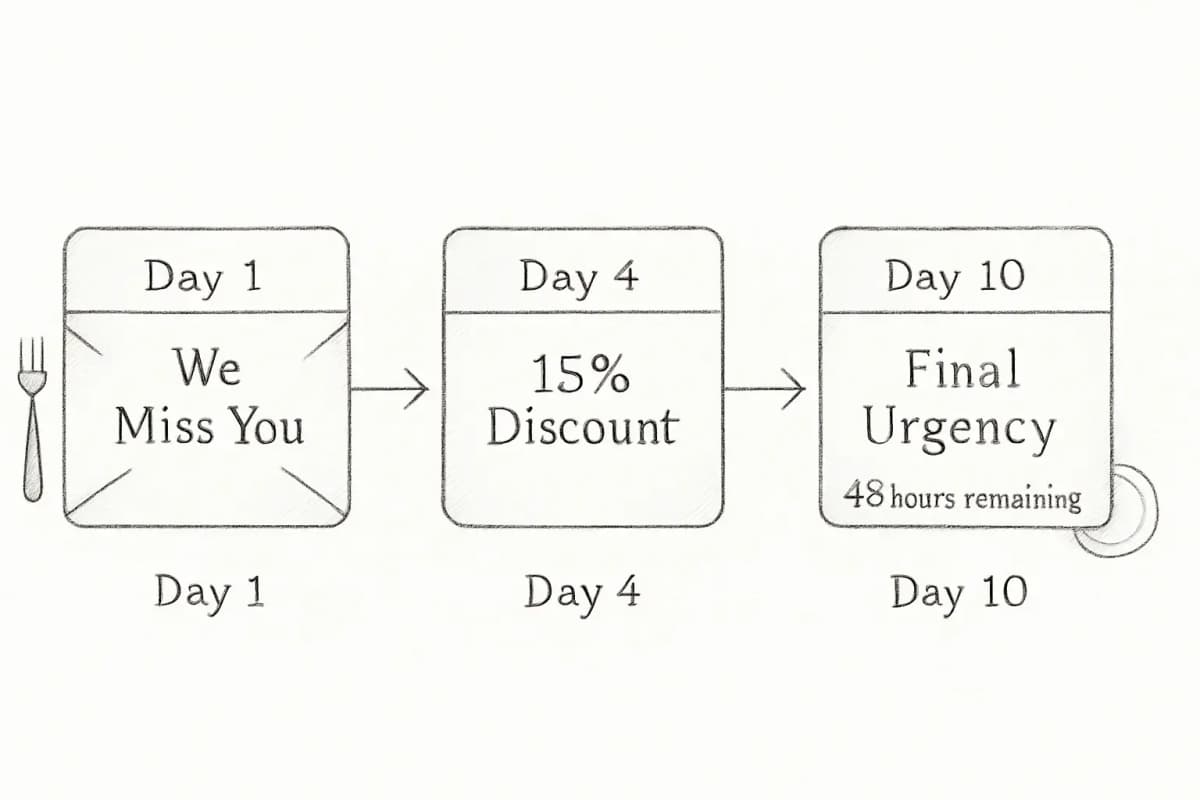 A three-email win-back campaign sequence for restaurants displayed as a horizontal timeline. Email 1 (day 1) shows 'We Miss You' subject line with emotional appeal messaging. Email 2 (day 4) displays a 15% discount offer with moderate incentive copy. Email 3 (day 10) presents urgency messaging with '48 hours remaining' countdown. Each email is shown as a card or envelope visual, connected by arrows showing the progression, with day numbers labeled below. Include subtle restaurant imagery (fork, knife, plate) as visual accents. The overall tone should feel warm and inviting, appropriate for restaurant guest re-engagement.
